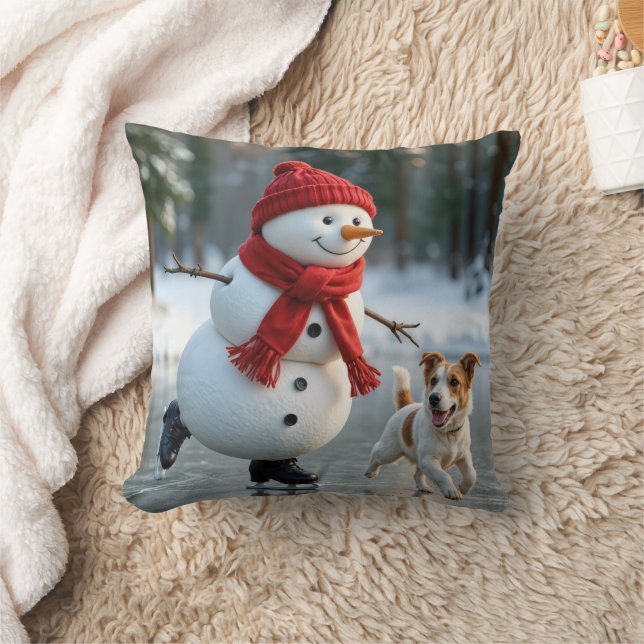 Christmas Snowman Ice Skating With Dog Throw Pillow (Blanket)