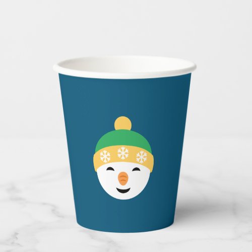 Christmas Snowman in Green Hat on Blue Paper Cups