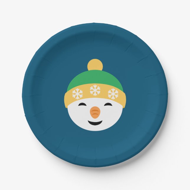Christmas Snowman in Green Hat on Blue Paper Plates (Front)