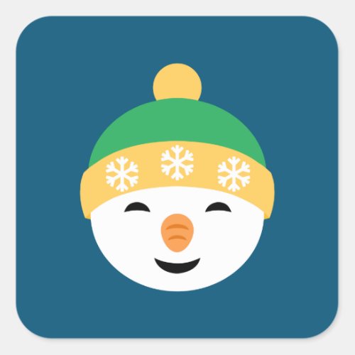 Christmas Snowman in Green Hat on Blue Square Sticker