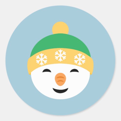 Christmas Snowman in Green Hat on Light Blue Classic Round Sticker