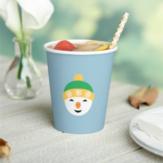 Christmas Snowman in Green Hat on Light Blue Paper Cups