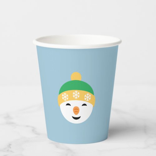 Christmas Snowman in Green Hat on Light Blue Paper Cups