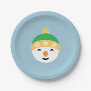 Christmas Snowman in Green Hat on Light Blue Paper Plates