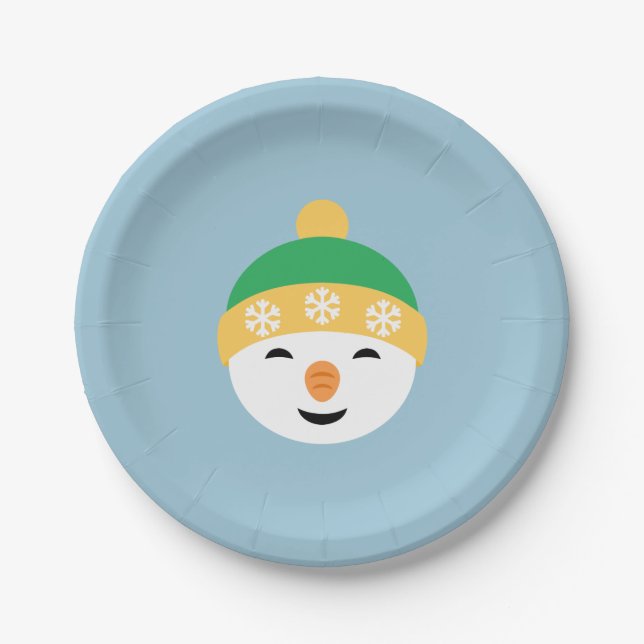 Christmas Snowman in Green Hat on Light Blue Paper Plates (Front)