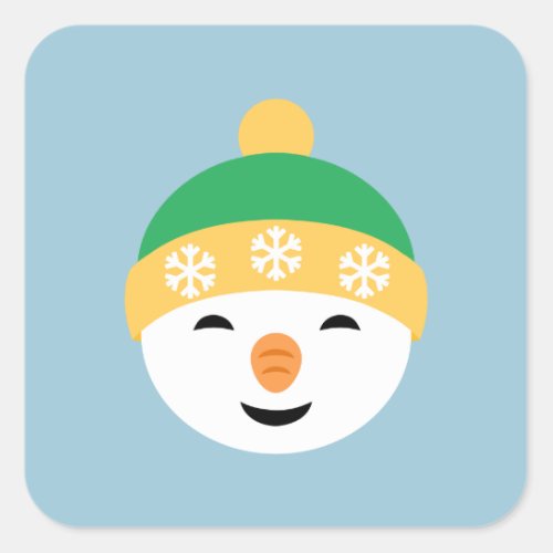 Christmas Snowman in Green Hat on Light Blue Square Sticker