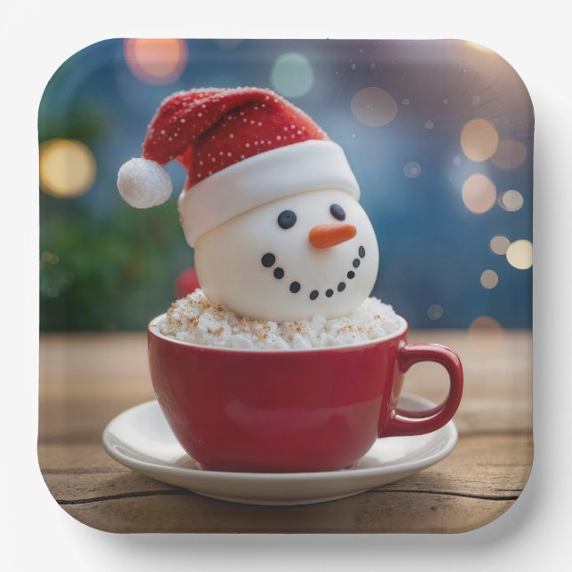 Christmas Snowman In Hot Cocoa Paper Plates (Front)