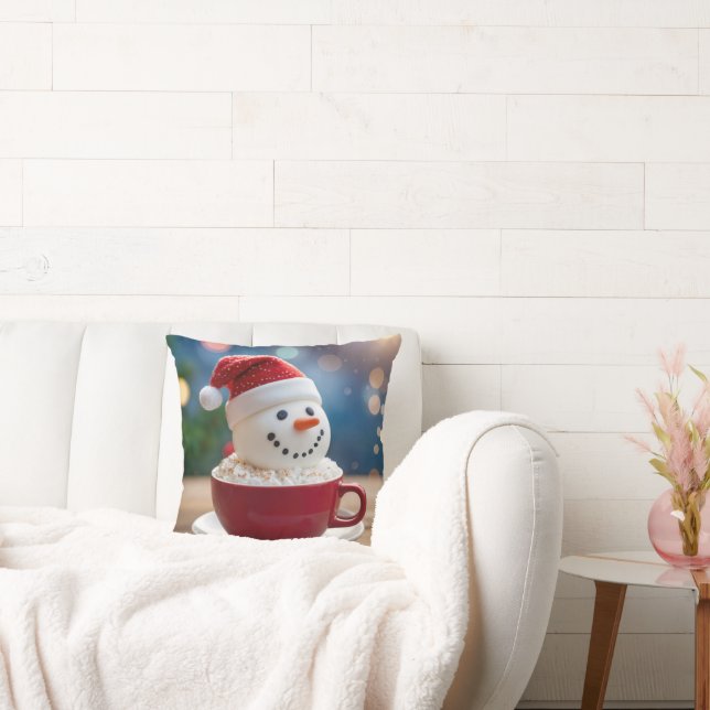 Christmas Snowman In Hot Cocoa Throw Pillow (Couch)