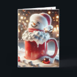 Christmas Snowman In Red Mug Holiday Card<br><div class="desc">A cheerful marshmallow snowman sits in a red mug filled with hot cocoa,  spread around with mini marshmallows and Christmas ornaments
Inside text can be changed.</div>