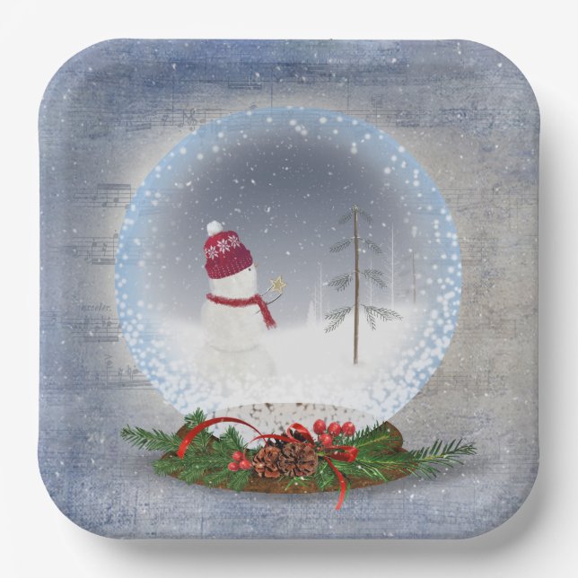 Christmas Snowman in Snow Globe Paper Plates (Front)