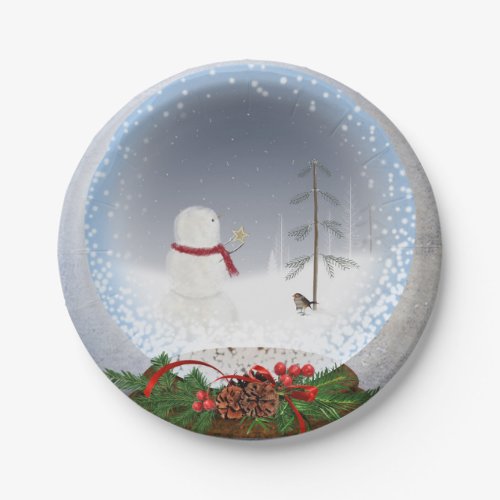 Christmas snowman in snow globe paper plates