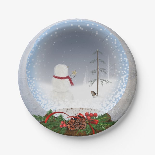 Christmas snowman in snow globe paper plates (Front)