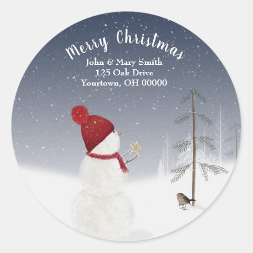Christmas snowman in snowflakes classic round sticker