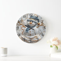 Christmas Snowman in Snowflakes Large Clock