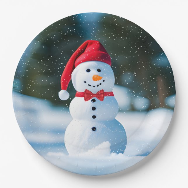 Christmas Snowman In Snowflakes Paper Plates (Front)