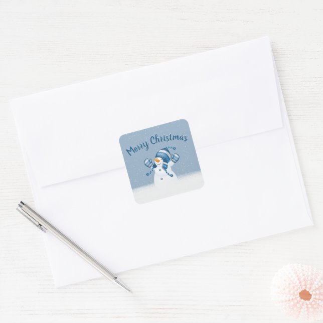 Christmas Snowman In Snowflakes Square Sticker (Envelope)