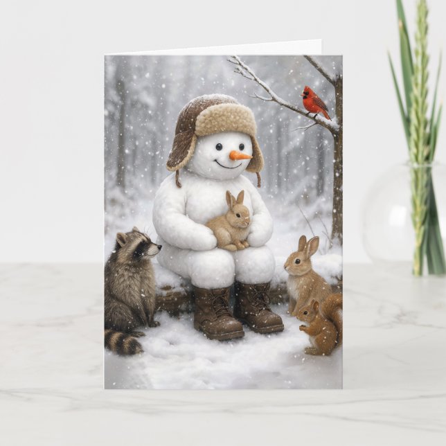 Christmas Snowman In Winter Woods With Animal Card (Front)
