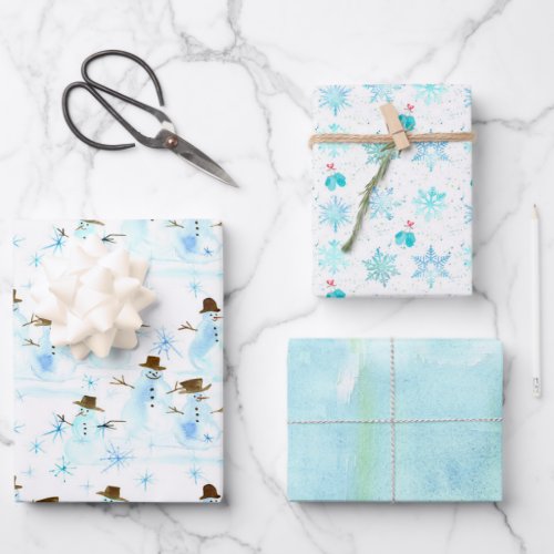 Christmas Snowman Mittens Snowflakes Winter Wrapping Paper Sheets