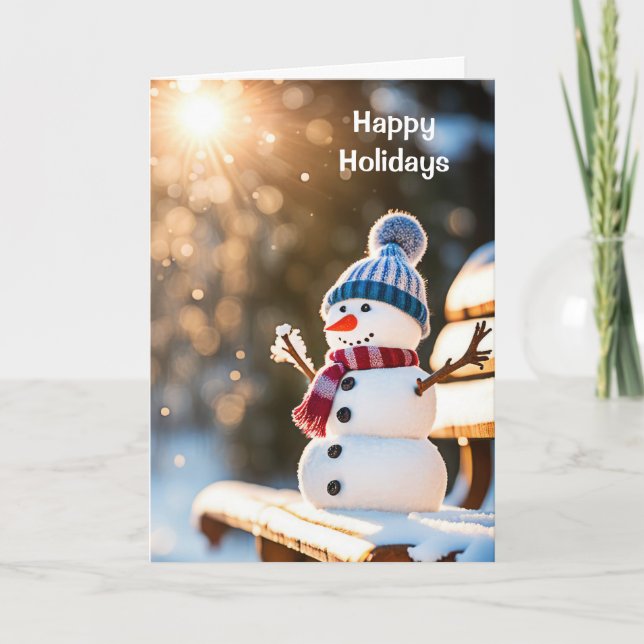 Christmas Snowman On a Park Bench Holiday Card (Front)