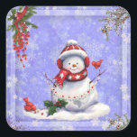 Christmas Snowman on Blue with Snowflakes  Square Sticker<br><div class="desc">Festive snowman with hat,  scarf and earmuffs along with his little birdie friends. Festive Christmas branches and berries - small square sticker</div>