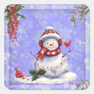 Christmas Snowman on Blue with Snowflakes Square Sticker
