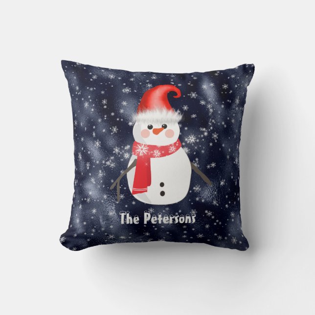 Christmas Snowman on Dark Blue Snowy Background Throw Pillow (Front)