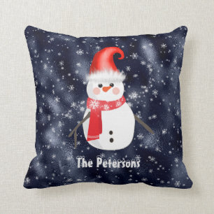 Christmas Snowman on Dark Blue Snowy Background Throw Pillow
