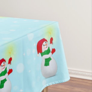 Christmas Snowman on Light Blue Tablecloth