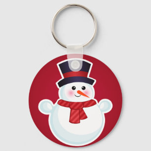 Christmas Snowman on Red Background Keychain