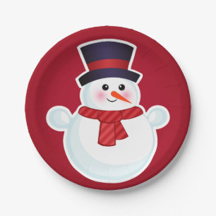 Christmas Snowman on Red Background Paper Plates