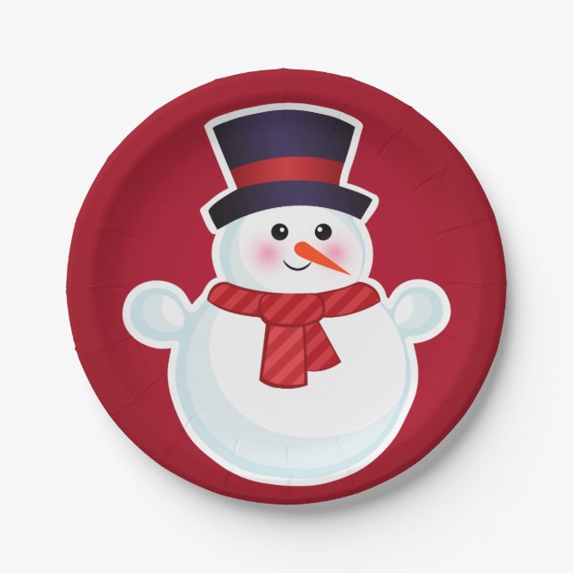 Christmas Snowman on Red Background Paper Plates (Front)