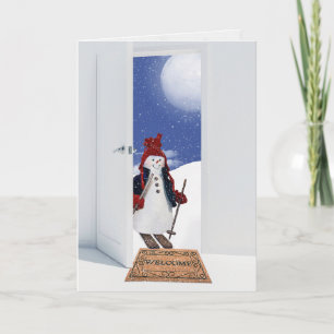 Christmas Snowman on Skis Holiday Card