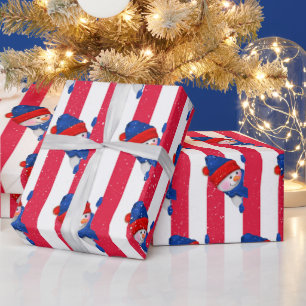 Christmas Snowman On Stripes and Snowflakes Wrapping Paper