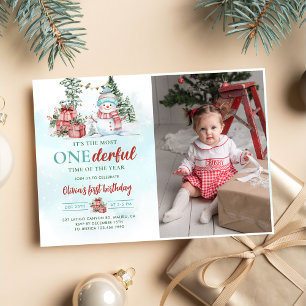 Christmas Snowman Onederful First Birthday Photo Invitation
