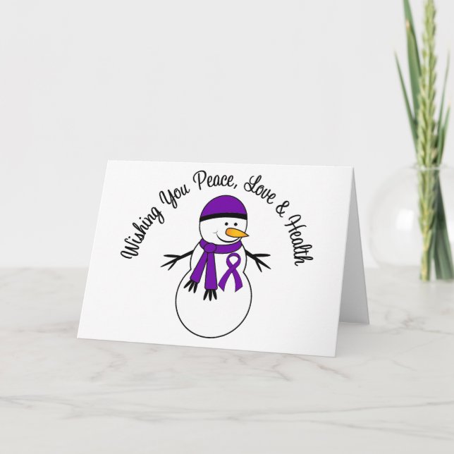Christmas Snowman Pancreatic Cancer Ribbon Holiday Card (Front)