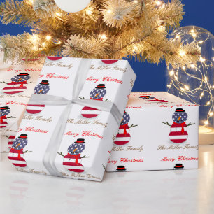Christmas Snowman Patriotic USA flag Personalized Wrapping Paper
