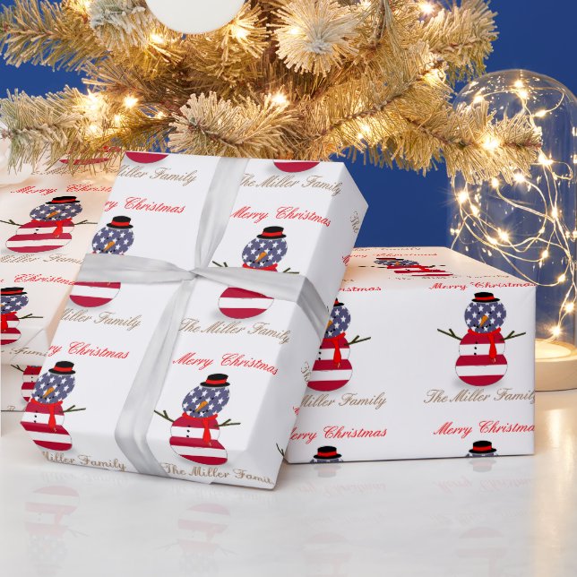 Christmas Snowman Patriotic USA flag Personalized  Wrapping Paper (Holidays)