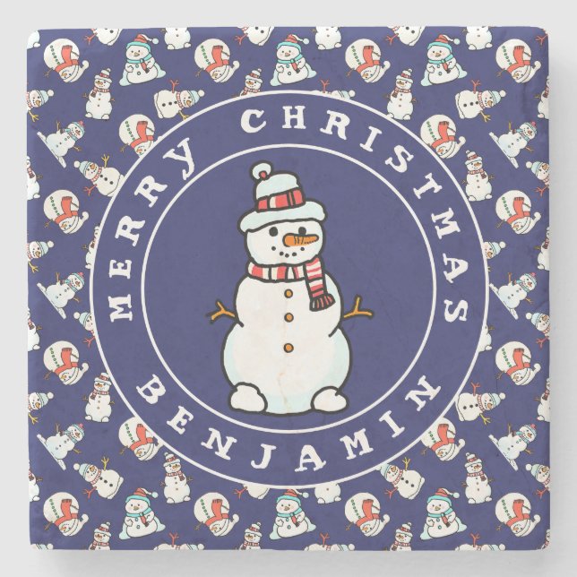 Christmas Snowman Pattern Blue Name Marble Stone Coaster (Front)