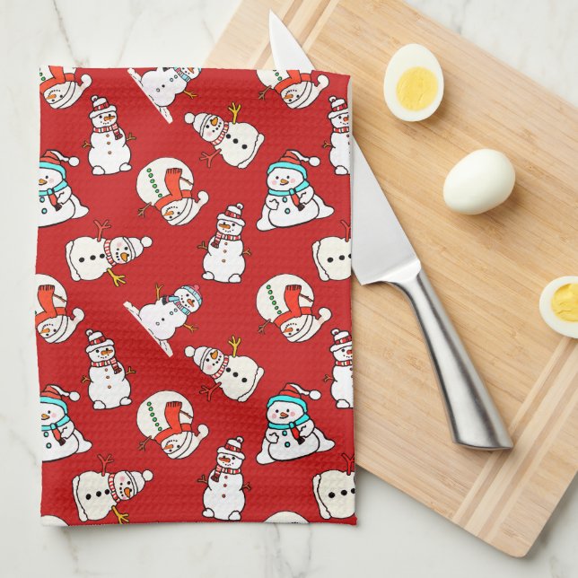 Christmas Snowman Pattern Red Kitchen Towel (Quarter Fold)