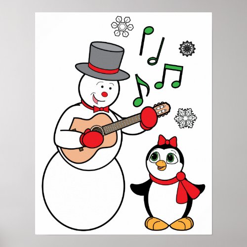 Christmas Snowman Penguin and Guitar Poster