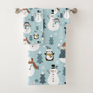 Christmas Snowman, Penguins and Trees  Bath Towel Set