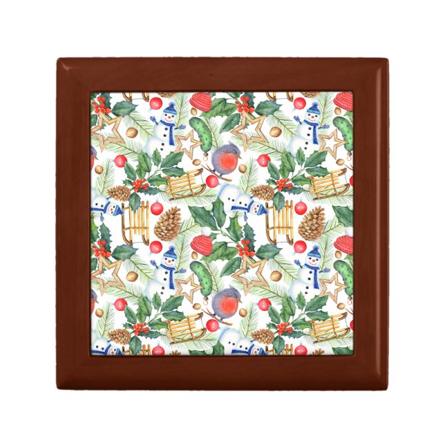 Christmas Snowman, Pine Cones, Holly, Sled, Star Gift Box (Front)