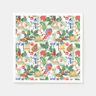 Christmas Snowman, Pine Cones, Holly, Sled, Star Napkins