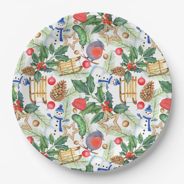 Christmas Snowman, Pine Cones, Holly, Sled, Star Paper Plates (Front)