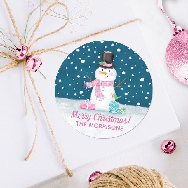 Christmas Snowman Pink Cute Personalized  Classic Round Sticker (A cute pink snowman on a snowy night, Christmas sticker. Personalize it with your name.)