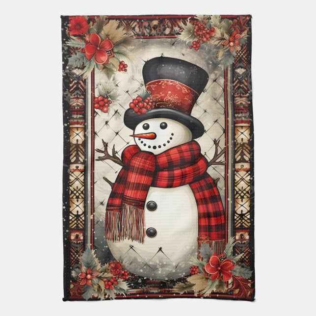 Christmas Snowman Plaid Scarf Red Flowers Kitchen Towel (Vertical)
