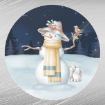 Christmas Snowman Rabbit Bird Hat Watercolor Classic Round Sticker<br><div class="desc">A snowman in a floppy hat holding a bird with two rabbits.</div>