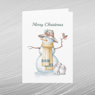 Christmas Snowman Rabbit Bird Hat Watercolor Holiday Card