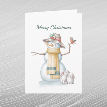 Christmas Snowman Rabbit Bird Hat Watercolor Holiday Card by Strawflower at Zazzle