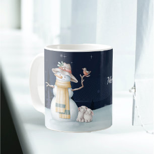 Christmas Snowman Rabbit Bird Hat Watercolor Night Coffee Mug